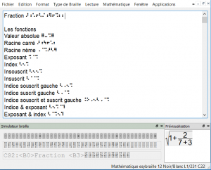 Exemple d’écran avec transcription et clavier “simulateur de Braille”